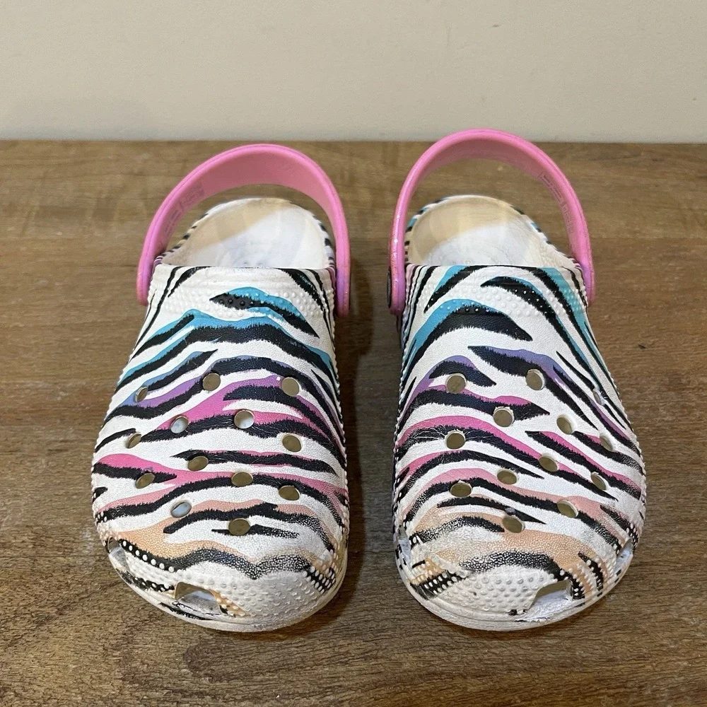 Crocs Kids C12 Classic Zebra Animal Print Clogs Pink Glitter Strap Slip On Shoes